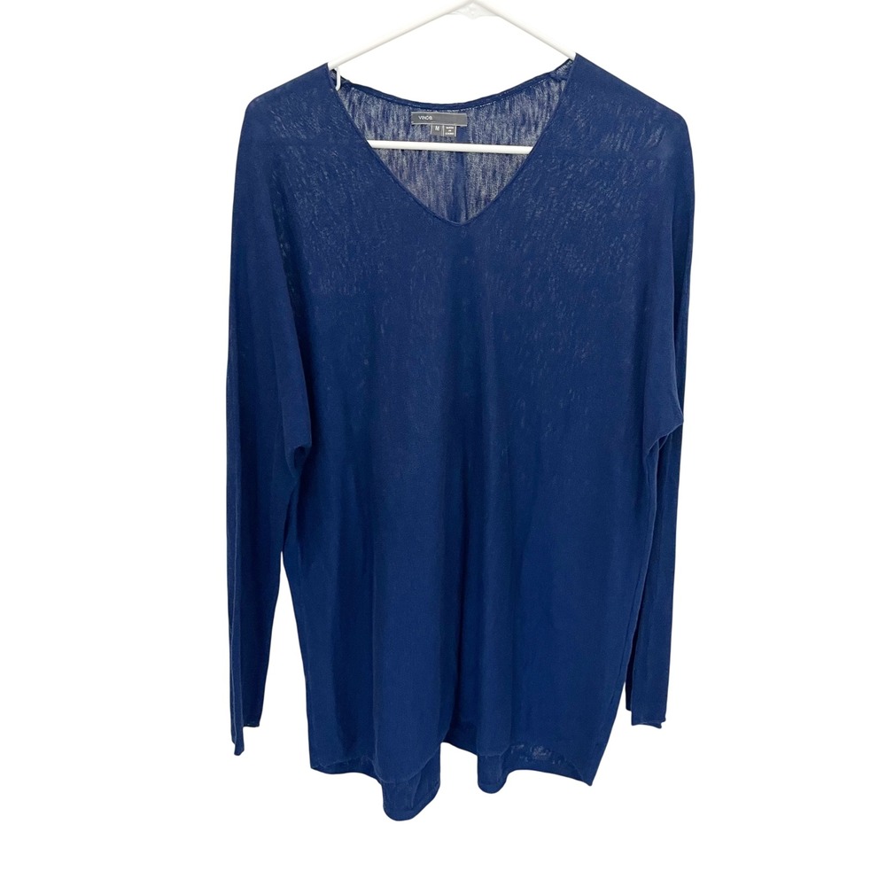 Vince Women Navy Blue Cotton V-Neck Lightweight Knit Long Sleeve Sweater MEDIUM